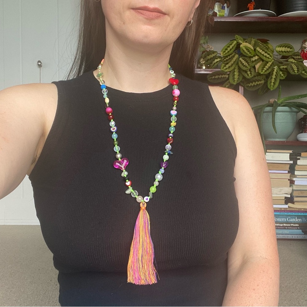 Colorful Beaded Necklace with Tassel Heart Beads Love Mala Spiritual Meditation